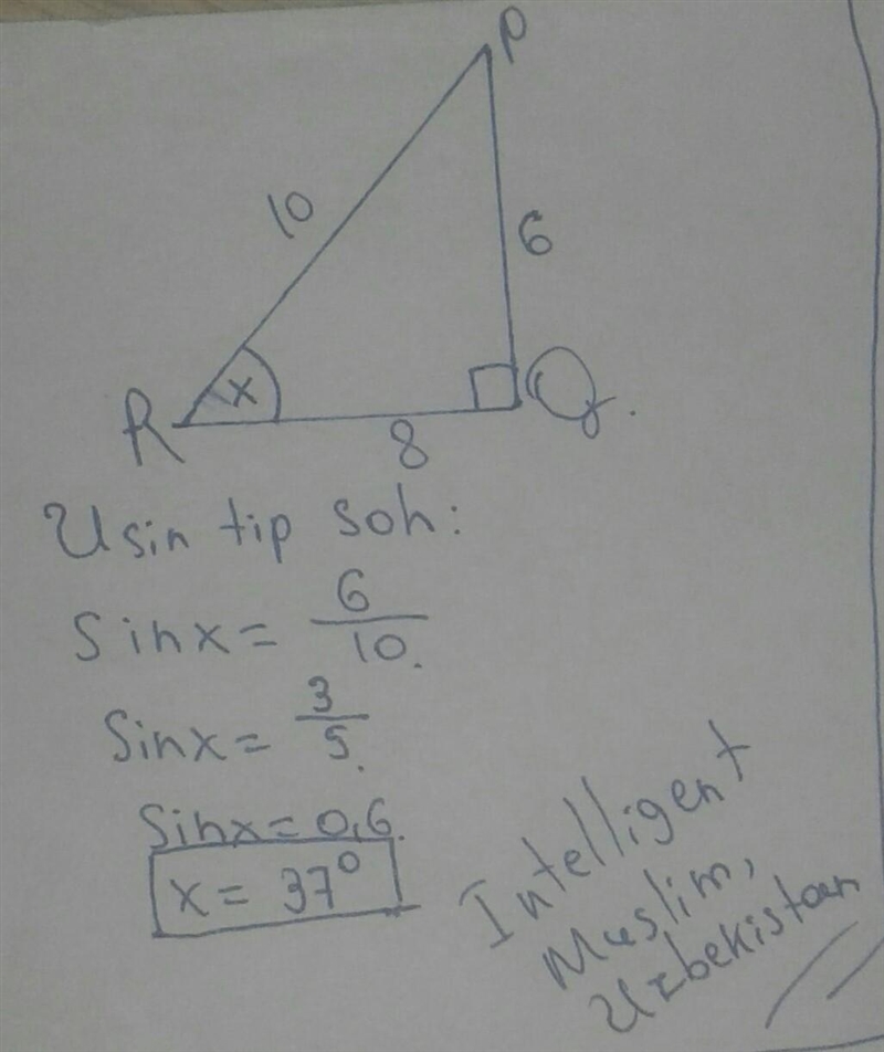 PQR is a right triangle with PR=10, PQ=6, and QR=8. What is sin R?-example-1