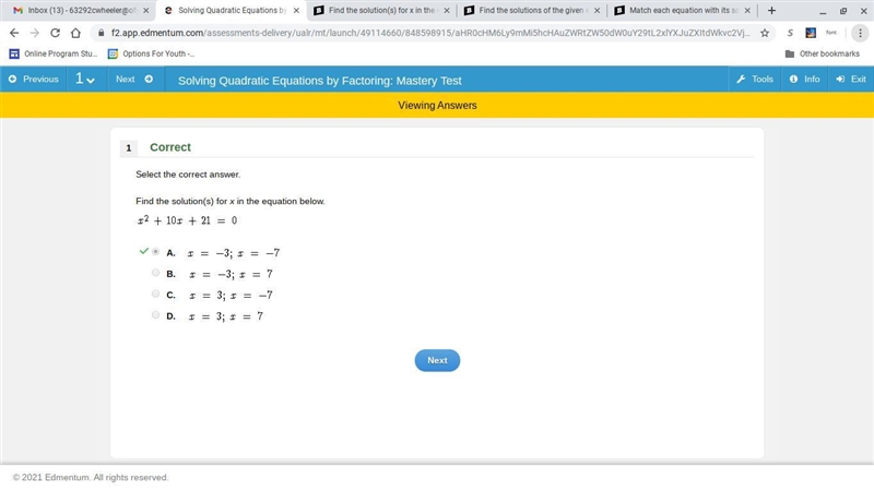 Find the solution(s) for x in the equation below. x^2 + 10x + 21= 0-example-1