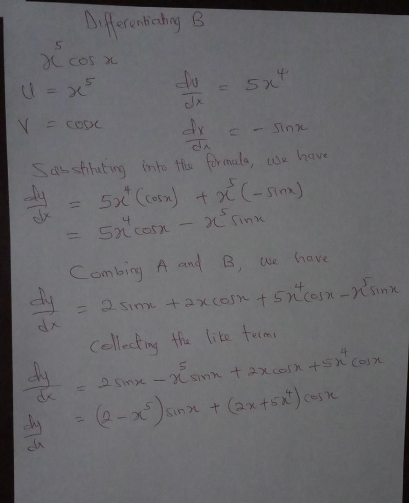 Find the derivative y= 2xsin(x) + x^5 cos(x)-example-1