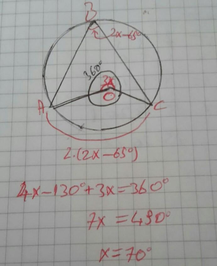 In the figure, angle ABC = 2x-65° and reflex angle AOC = 3x. Find x.​-example-1