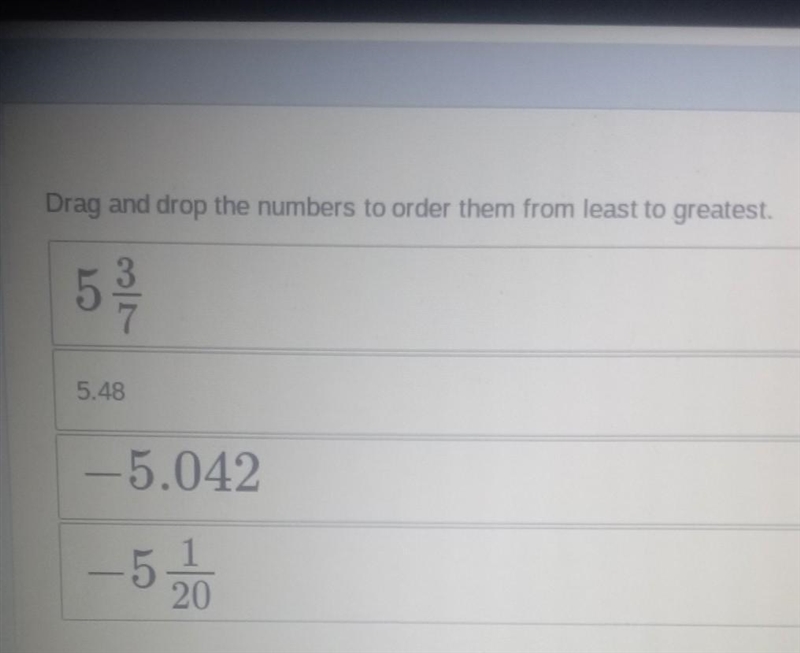 Order from least to greatest 5 3/7 , 5.48, 5.042-example-1