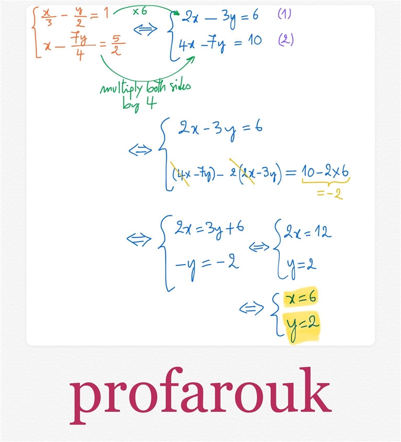 How do you eliminate the fractions on this to solve by elimination ????????-example-1