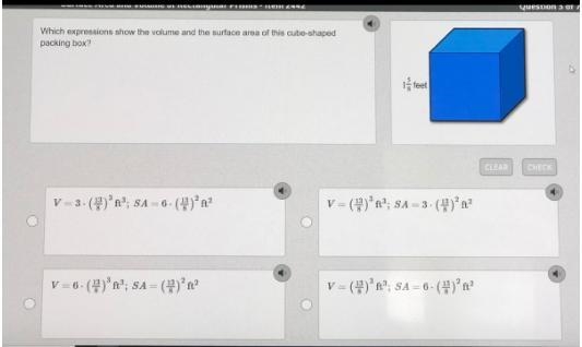 Which expressions show the volume and the surface area of this cube-shaped packing-example-1