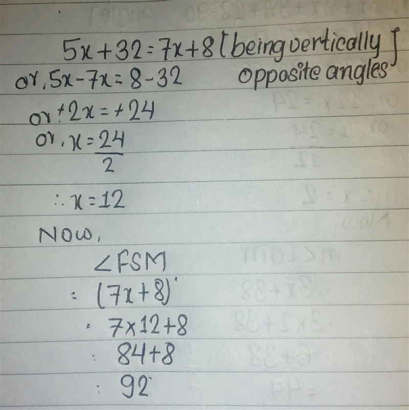 What is the measure of ZFSM? (5х + 32је, S И(7х + зе ОА. 92 В. 939 С. 949 OD. 95°-example-1