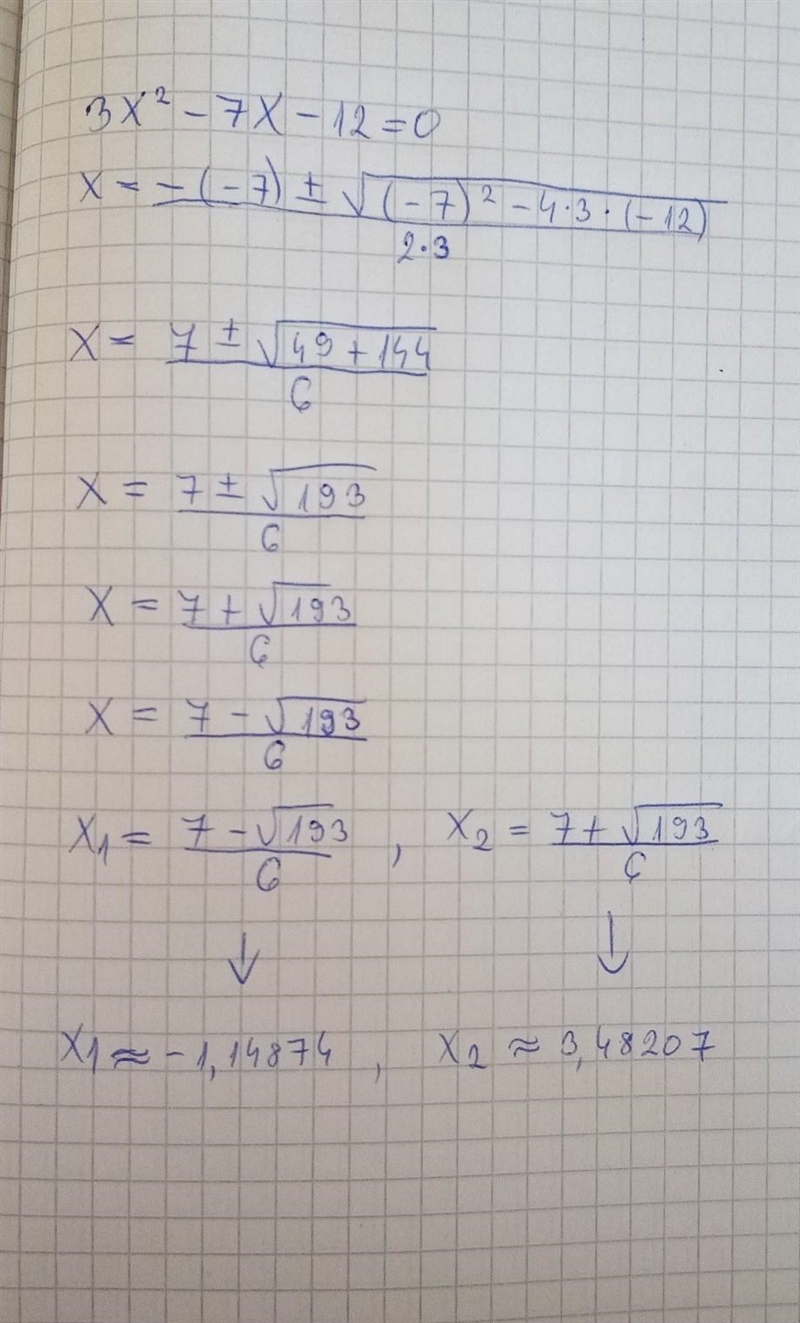 SOLVE 3x²-7x-12=0 correct answer to 2 decimal places-example-1