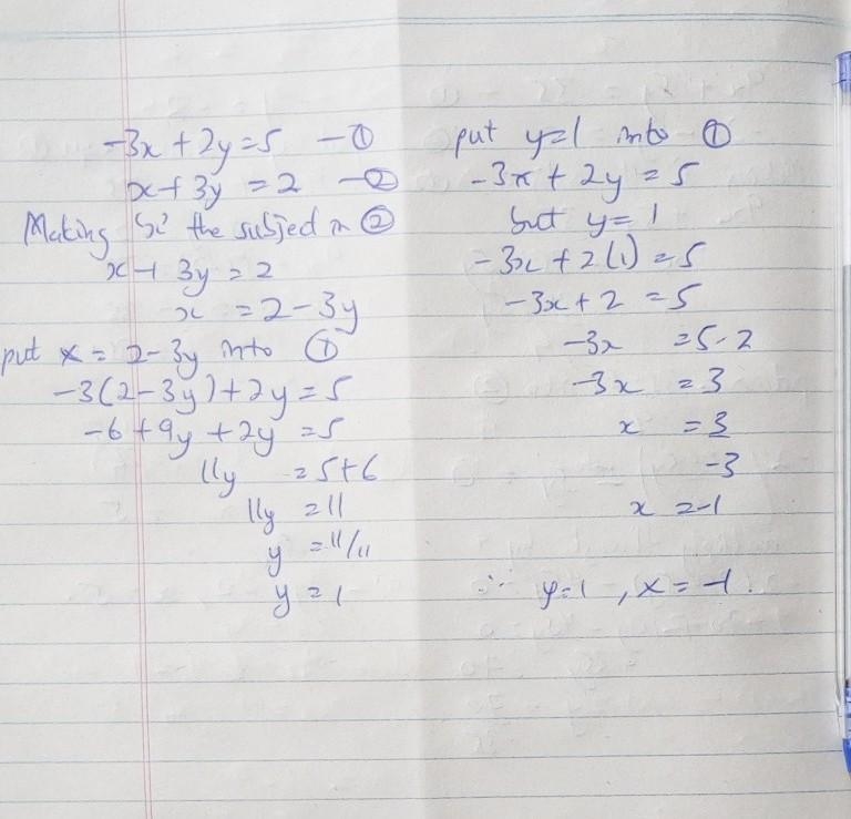 Solve the system using linear combinations. show all work - 3x +2y=5 x+3y=2-example-1