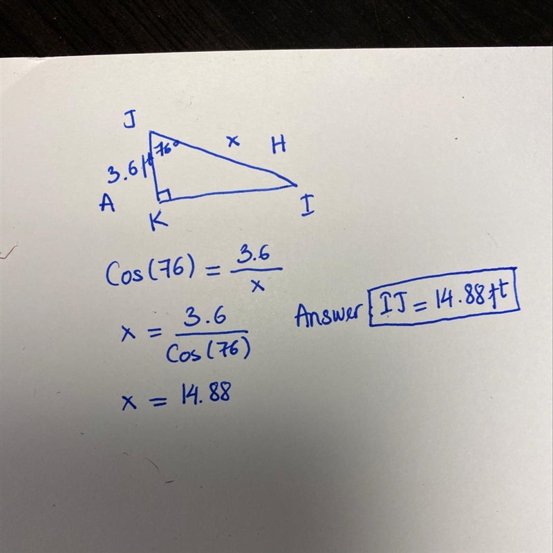 In ΔIJK, the measure of ∠K=90°, the measure of ∠J=76°, and JK = 3.6 feet. Find the-example-1