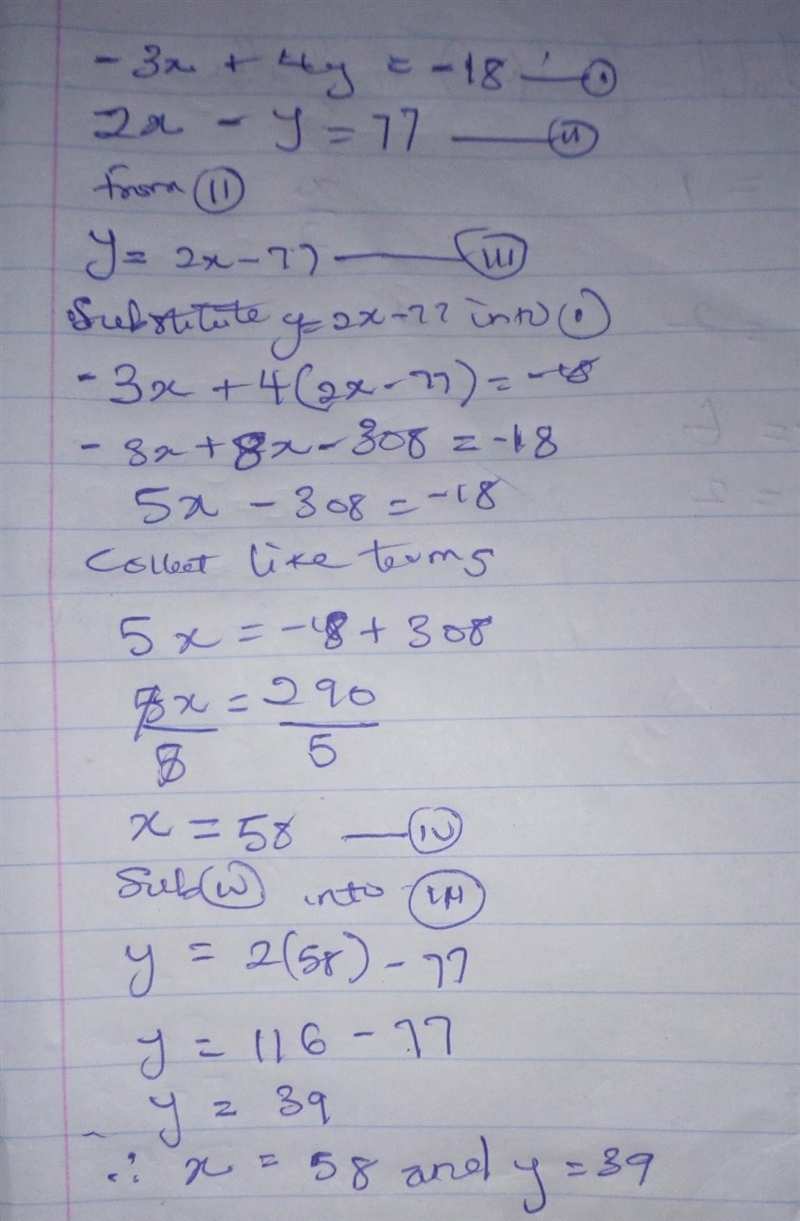 What is the solution of the system of linear equations? -3x + 4y = -18 2x - y = 77-example-1