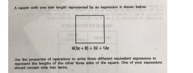 A squee with one side length represents by an expression is shown below 6(3x+8)+32+12x-example-1