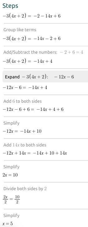 Enter the value of x that makes the equation -3(4x+2)=-2-14x+6 true-example-1