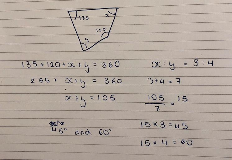 A quadrilateral has two angles that measure 135º and 120°. The other two angles are-example-1