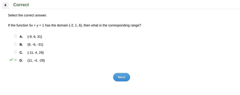 If the function 5x+y=1 has the domain (-2, 1, 6), then what is the corresponding range-example-1