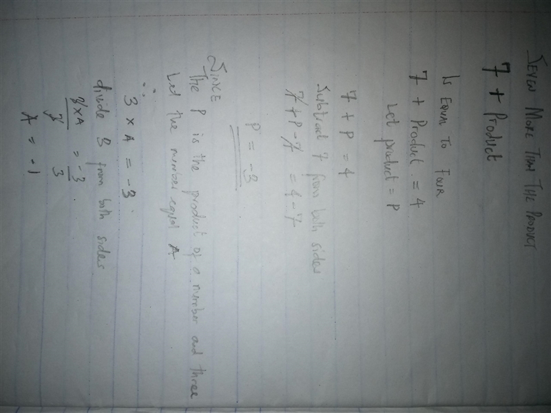 Seven more than the product of a number and three is equal to four-example-1