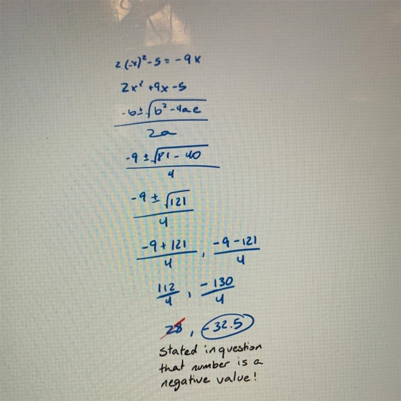 Five less than twice the square of a negative number is -9 times the number. Find-example-1