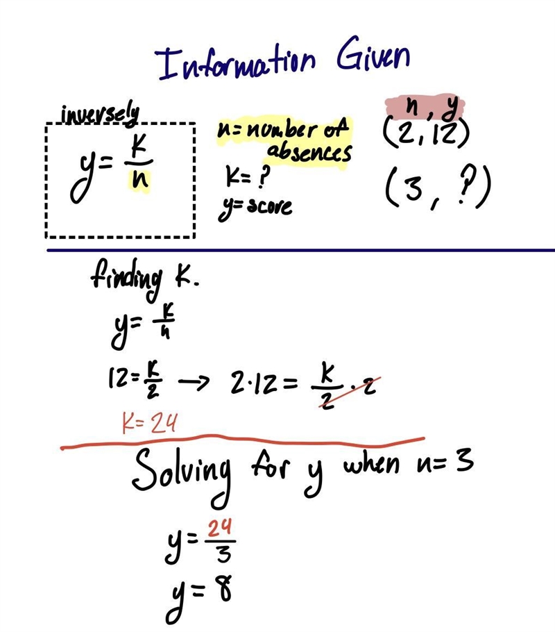 Suppose a teacher finds that the scores her students got on a quiz varied inversely-example-1