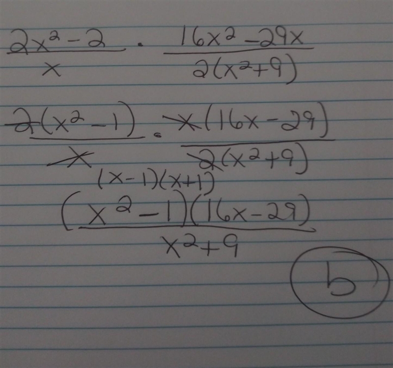 Simplify the given expression. 2x^2-2/x/2(x^2+9)/16x^2-29x-example-1