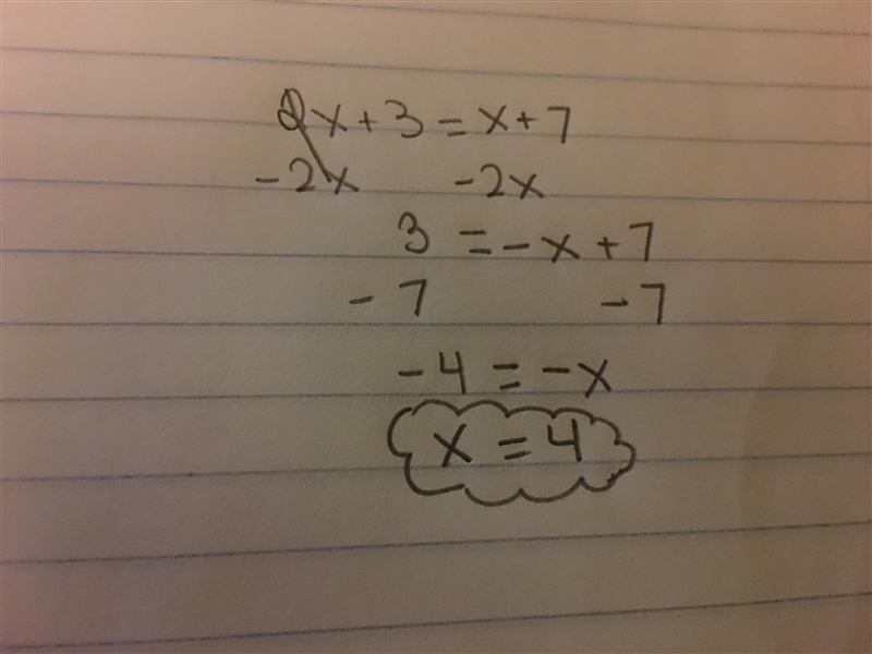 How do I solve 2x+3=x+7-example-1