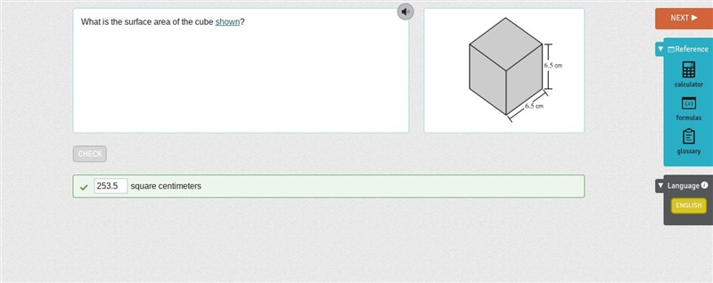 What is the surface area of the cube shown? sides are 6.5-example-1