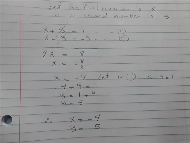 Find two numbers whose sum is 1 and whose difference is -9.-example-1