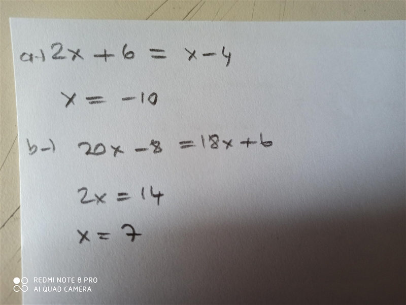 Solve the following a) 2(x + 3)=x-4 b) 4(5x-2)=2(9x + 3)-example-1