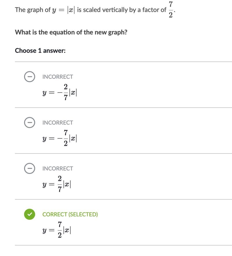 The graph of y = |x| is scaled vertically by a factor 7/2 What is the eqaution of-example-1