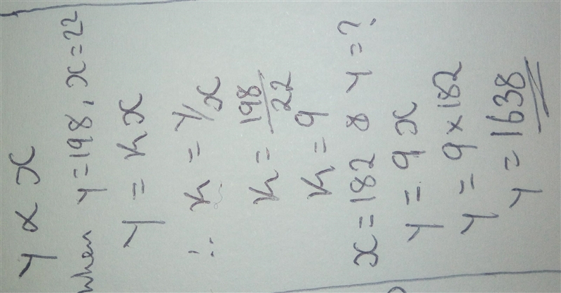 If y varies directly as x and y = 198 when x = 22, find y when x = 182.-example-1