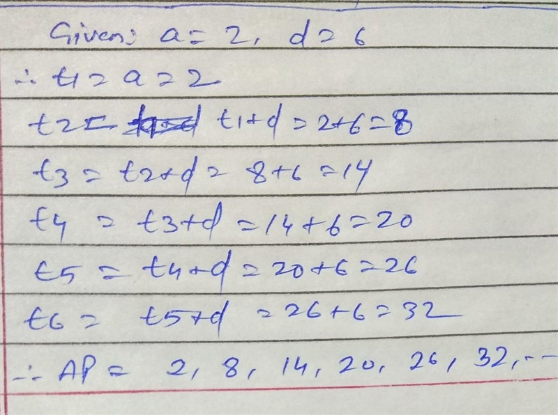 Write the first six terms of the arithmetic sequence. The first term, a, is 2, and-example-1