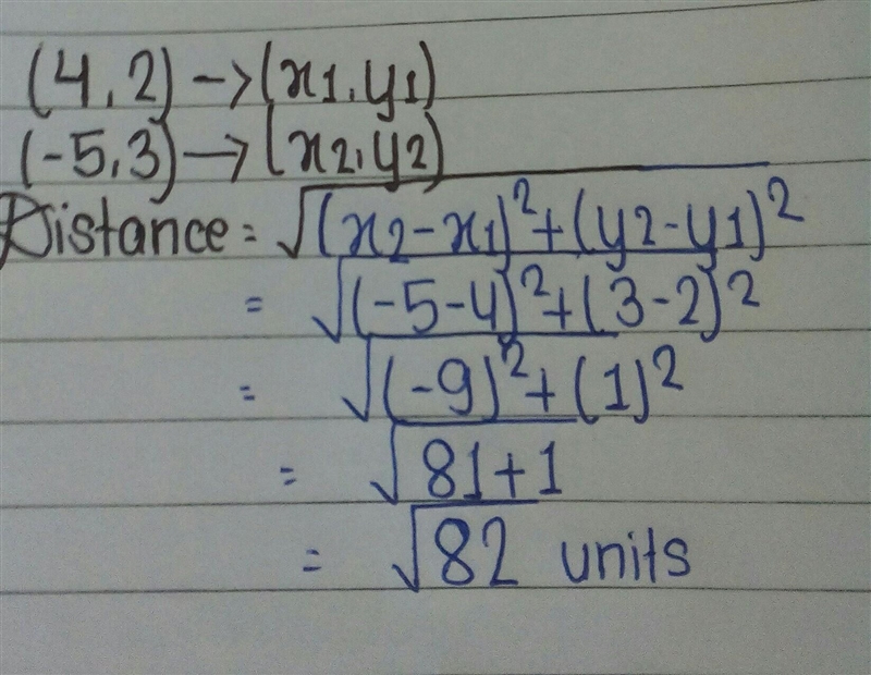 Find the distance between the points (4, 2) and (-5, 3).-example-1