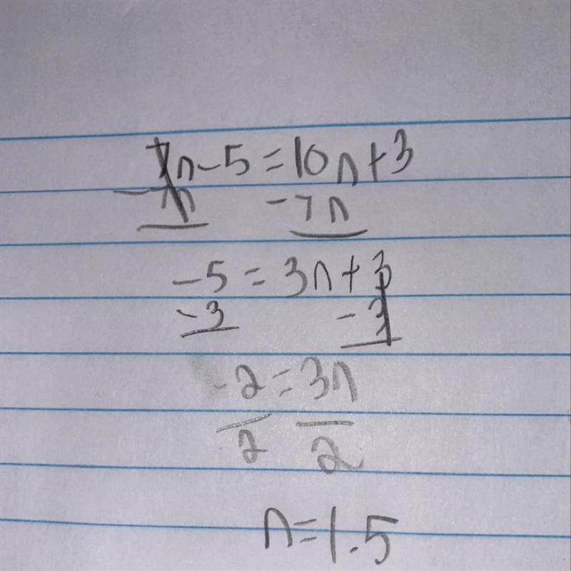 What is the sum of 7n-5=10n+3-example-1