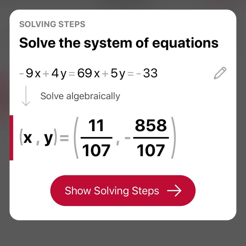 Solve the system of equations.- 9x + 4y = 69x + 5y = -33​-example-1