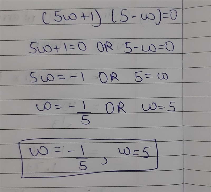 Solve (5w+1)(5-w)=0 (If there is more than one solution, separate them with commas-example-1