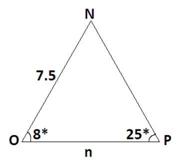 In ΔNOP, p = 7.5 inches, ∠O=8° and ∠P=25°. Find the length of n, to the nearest tenth-example-1