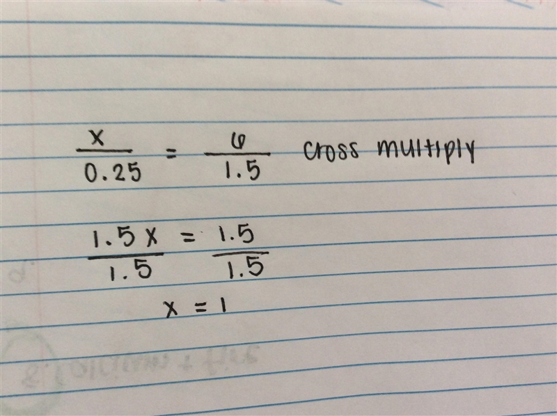 What value of x makes the ratios equivalent? x to 0.25 and 6 to 1.5-example-1