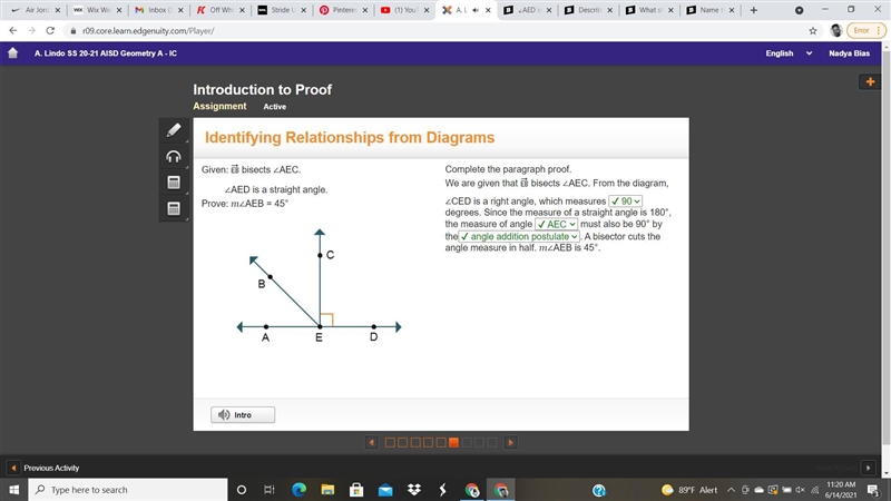 ∠AED is a straight angle. Prove: m∠AEB = 45° A horizontal line has points A, E, D-example-1