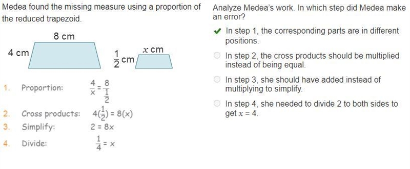 Analyze Medea’s work. In which step did Medea make an error? In step 1, the corresponding-example-1