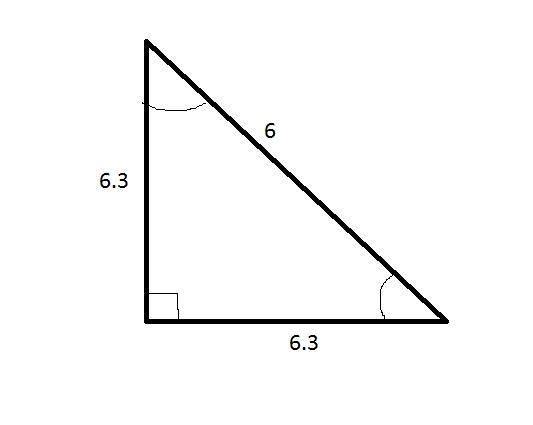 One leg of a right triangle measures 6 inches. The remaining leg measures 6.3 inches-example-1