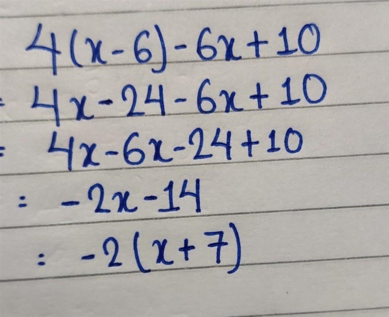 Simplify: 4(x - 6) - 6x + 10-example-1