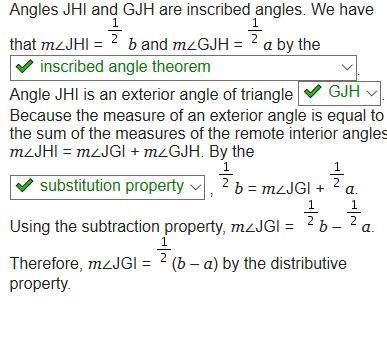 Use the information given in the diagram to prove that m∠JGI = One-half(b – a), where-example-1