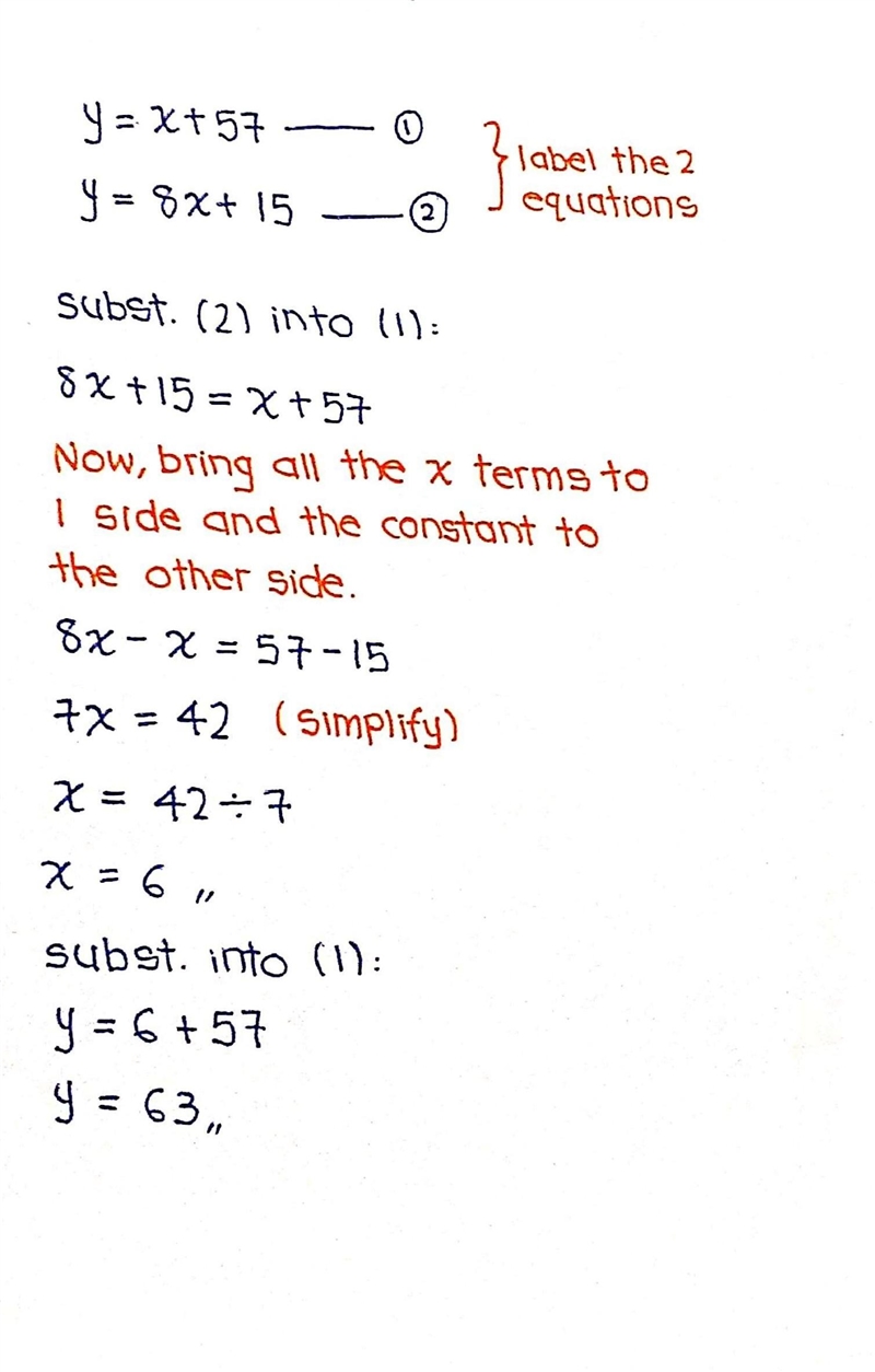 Solve the system of equations. y=x+57 y=8x+15-example-1