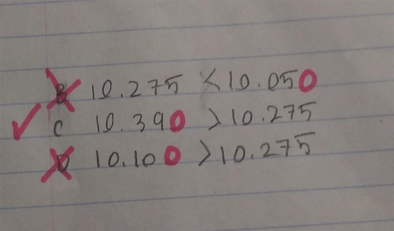 Based on the model, which of the following is true? B) 10.275 < 10.05 C) 10.39 &gt-example-1