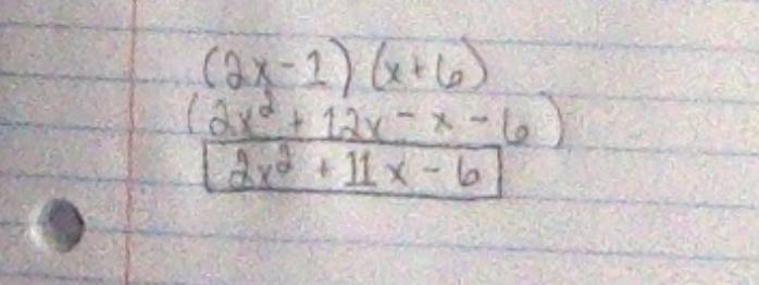 Write the product of (2x-1)(x+6) in expanded form. show work-example-1