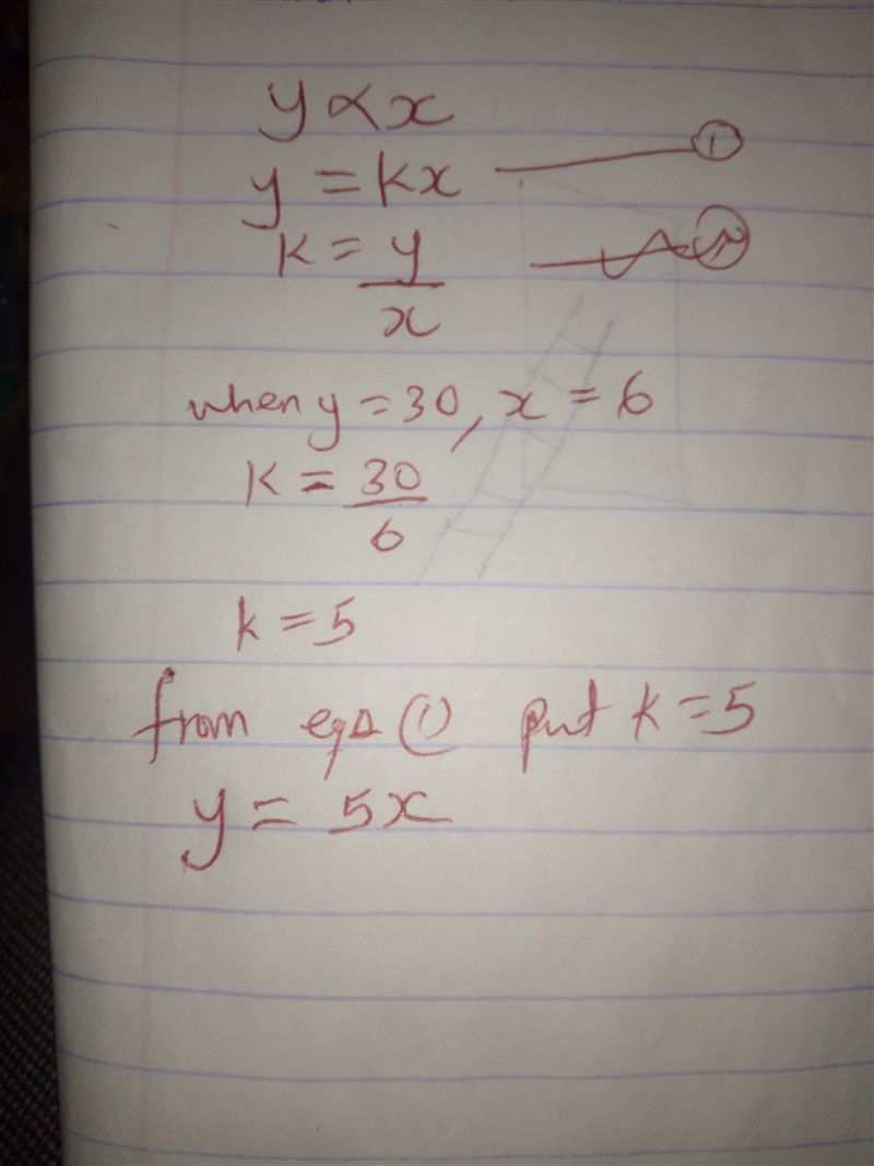 Y is directly proportinal to x when y=30 x=6 work out an equation connecting y and-example-1