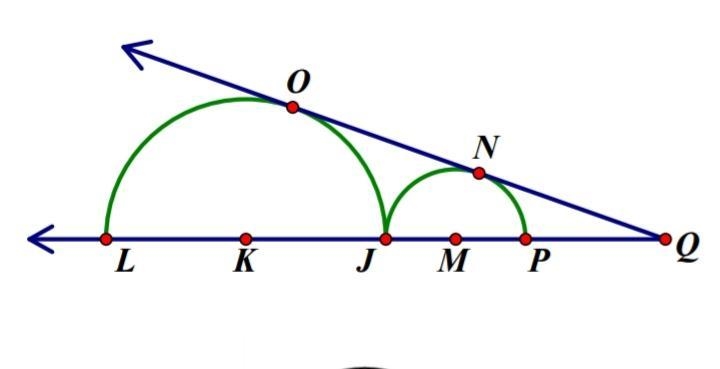 The figure shows two semicircles with centers K & M. The semicircles are tangent-example-1