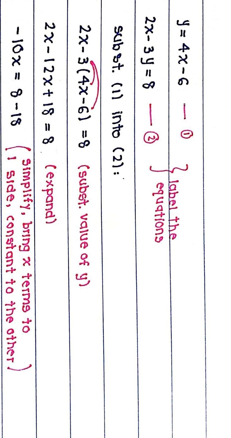 Y=4x-6 2x-3y=8 if this problem is to be solved by substitution , which is the correct-example-1