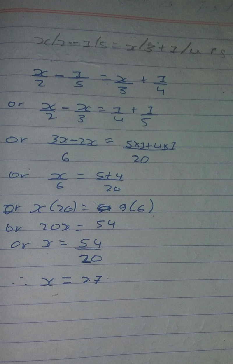 Find the solution x/2-1/5=x/3+1/4 is-example-1