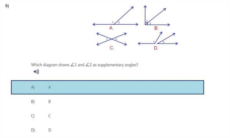 Which diagram shows ∠1 and ∠2 as supplementary angles? A) A B) B C) C D) D-example-1