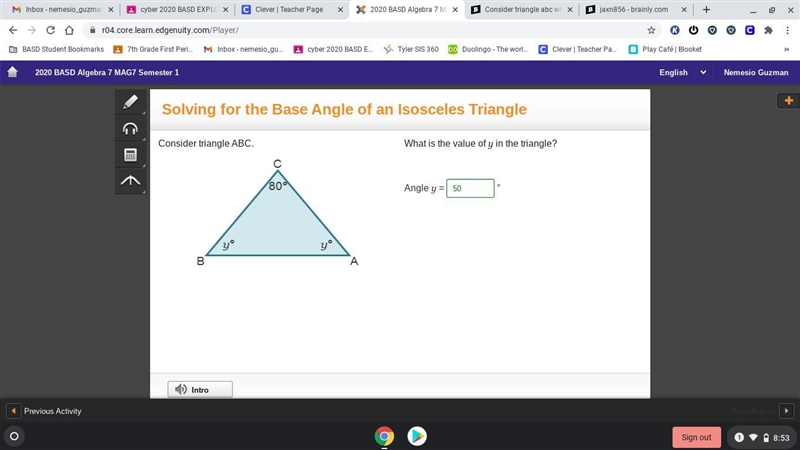 Consider triangle abc what is the value of y in the triangle-example-1