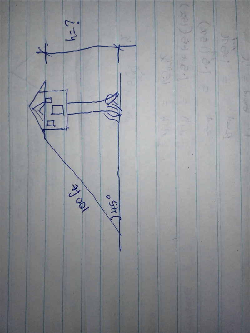 A 100-foot rope from the top of a tree house to the ground forms a 45 degree angle-example-1