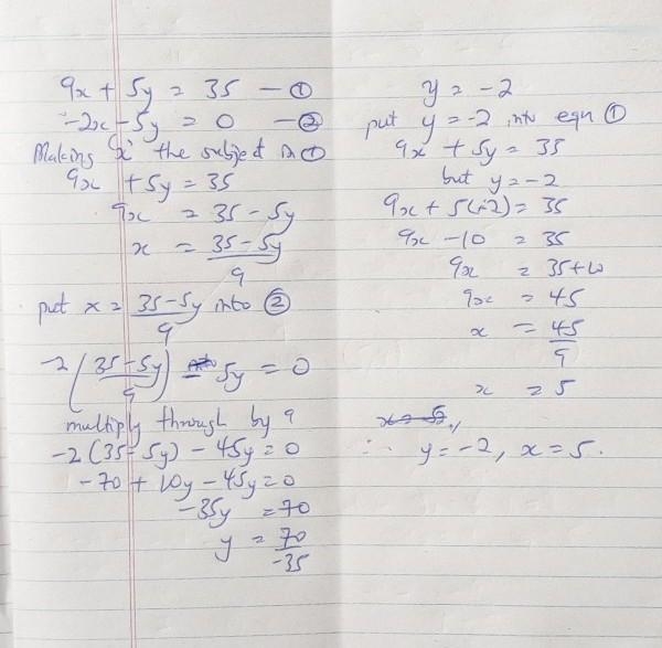 Number 6: Solve the system using linear combination. SHOW ALL YOUR WORK 9x + 5y = 35 -2x-example-1