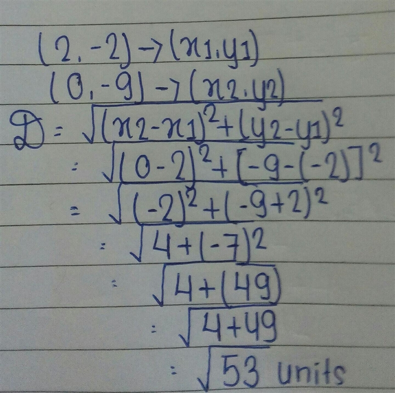 What’s the distance points between (2 -2) and (0 -9)-example-1